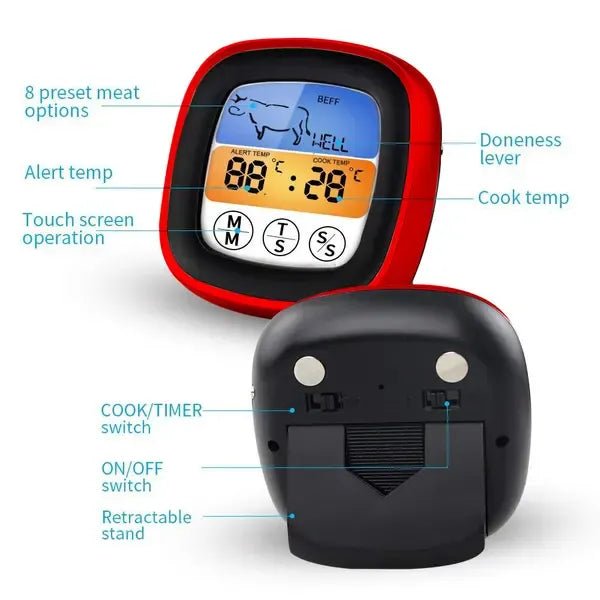 Digital Meat Thermometer with Foldable Probe, Touchscreen LCD, Backlight & Timer Alarm for BBQ, Oven & Grilling - Black and Grey - Home & Garden > BBQ > BBQ Tools - Rivercity House & Home Co. (ABN 18 642 972 209) - Affordable Modern Furniture Australia
