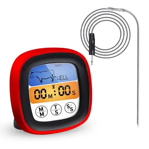 Digital Meat Thermometer with Foldable Probe, Touchscreen LCD, Backlight & Timer Alarm for BBQ, Oven & Grilling - Black and Grey - Home & Garden > BBQ > BBQ Tools - Rivercity House & Home Co. (ABN 18 642 972 209) - Affordable Modern Furniture Australia