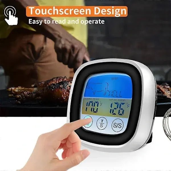 Digital Meat Thermometer with Touchscreen, Stainless Steel Probe, Backlit LCD and Timer for BBQ and Baking - Black and Grey - Home & Garden > BBQ > BBQ Tools - Rivercity House & Home Co. (ABN 18 642 972 209) - Affordable Modern Furniture Australia