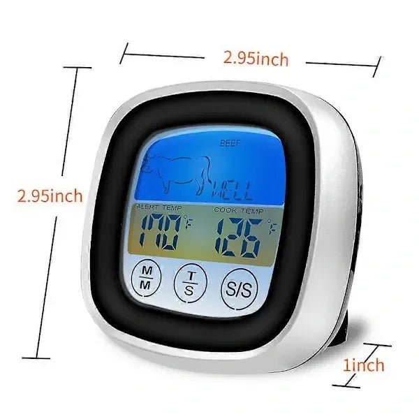 Digital Meat Thermometer with Touchscreen, Stainless Steel Probe, Backlit LCD and Timer for BBQ and Baking - Black and Grey - Home & Garden > BBQ > BBQ Tools - Rivercity House & Home Co. (ABN 18 642 972 209) - Affordable Modern Furniture Australia