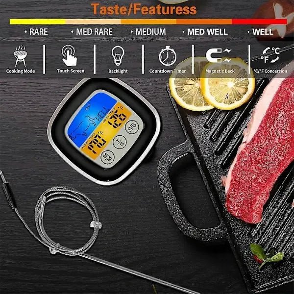 Digital Meat Thermometer with Touchscreen, Stainless Steel Probe, Backlit LCD and Timer for BBQ and Baking - Black and Grey - Home & Garden > BBQ > BBQ Tools - Rivercity House & Home Co. (ABN 18 642 972 209) - Affordable Modern Furniture Australia