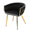 Velvet Dining Armchair with Woven Backrest and Steel Legs - Black