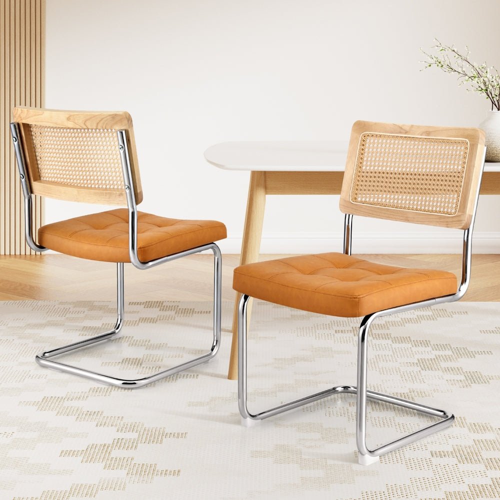 Dining Chairs Set of 2 PU Leather Rattan Cantilever Brown - Furniture > Dining > Kitchen & Dining Chairs - Rivercity House & Home Co. (ABN 18 642 972 209) - Affordable Modern Furniture Australia