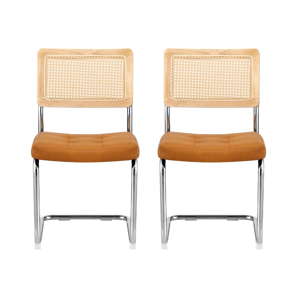 Dining Chairs Set of 2 PU Leather Rattan Cantilever Brown - Furniture > Dining > Kitchen & Dining Chairs - Rivercity House & Home Co. (ABN 18 642 972 209) - Affordable Modern Furniture Australia