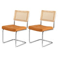Set of 2 Cantilever Dining Chairs with PU Leather Seat and Rattan Backrest - Brown