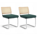 Set of 2 Velvet Padded Cantilever Dining Chairs with Rattan Backrest - Green