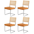 Set of 4 Cantilever Dining Chairs with PU Leather and Rattan Backrest - Brown