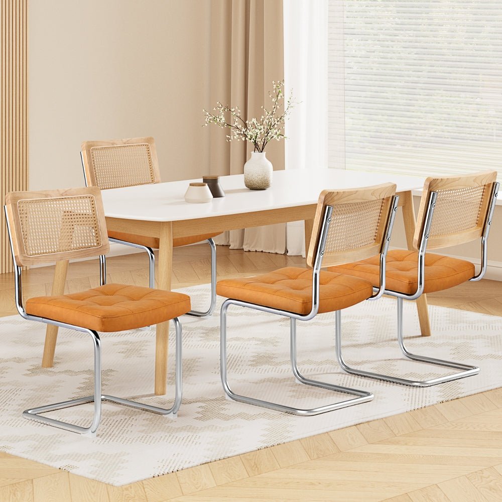 Dining Chairs Set of 4 PU Leather Rattan Cantilever Brown - Furniture > Dining > Kitchen & Dining Chairs - Rivercity House & Home Co. (ABN 18 642 972 209) - Affordable Modern Furniture Australia