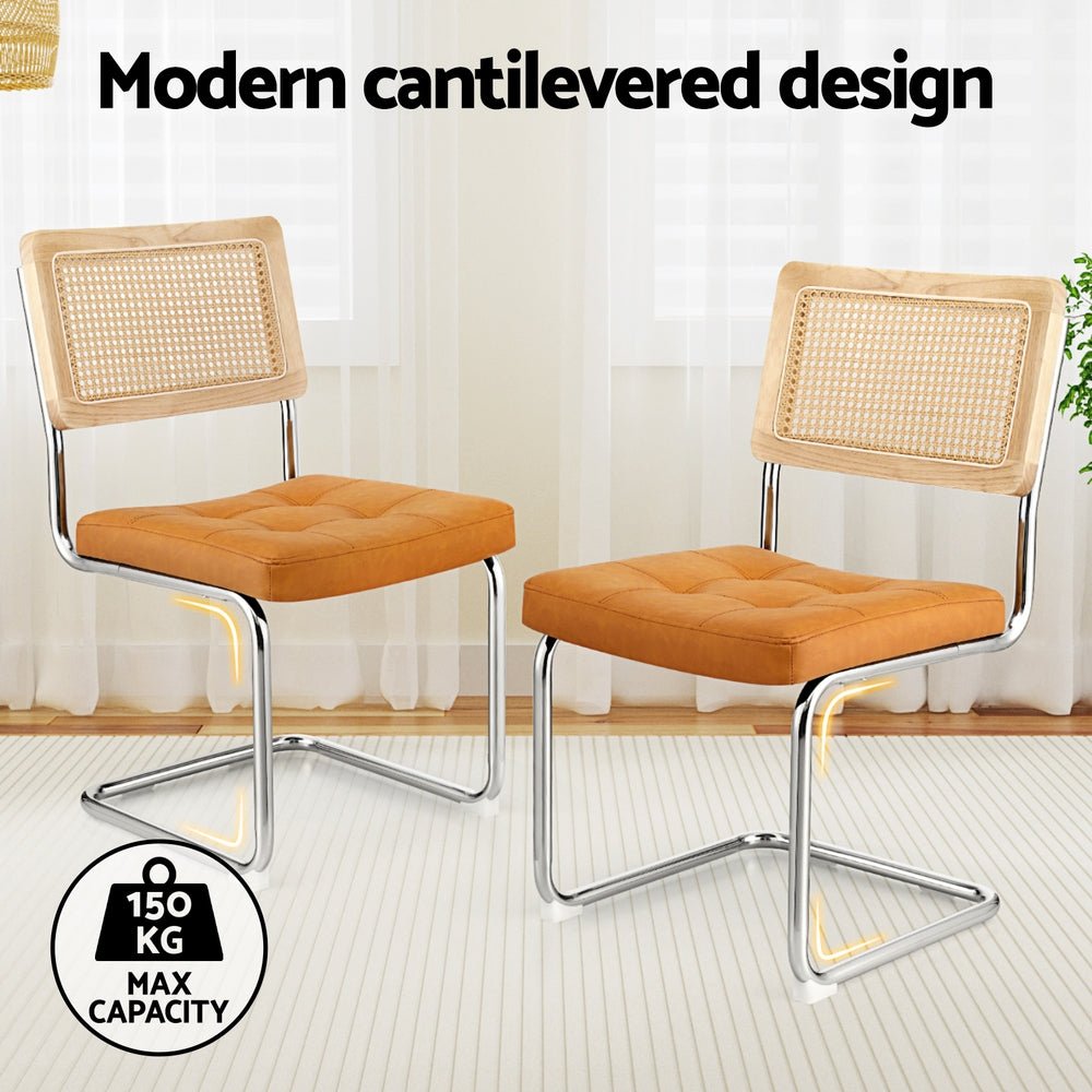 Dining Chairs Set of 4 PU Leather Rattan Cantilever Brown - Furniture > Dining > Kitchen & Dining Chairs - Rivercity House & Home Co. (ABN 18 642 972 209) - Affordable Modern Furniture Australia