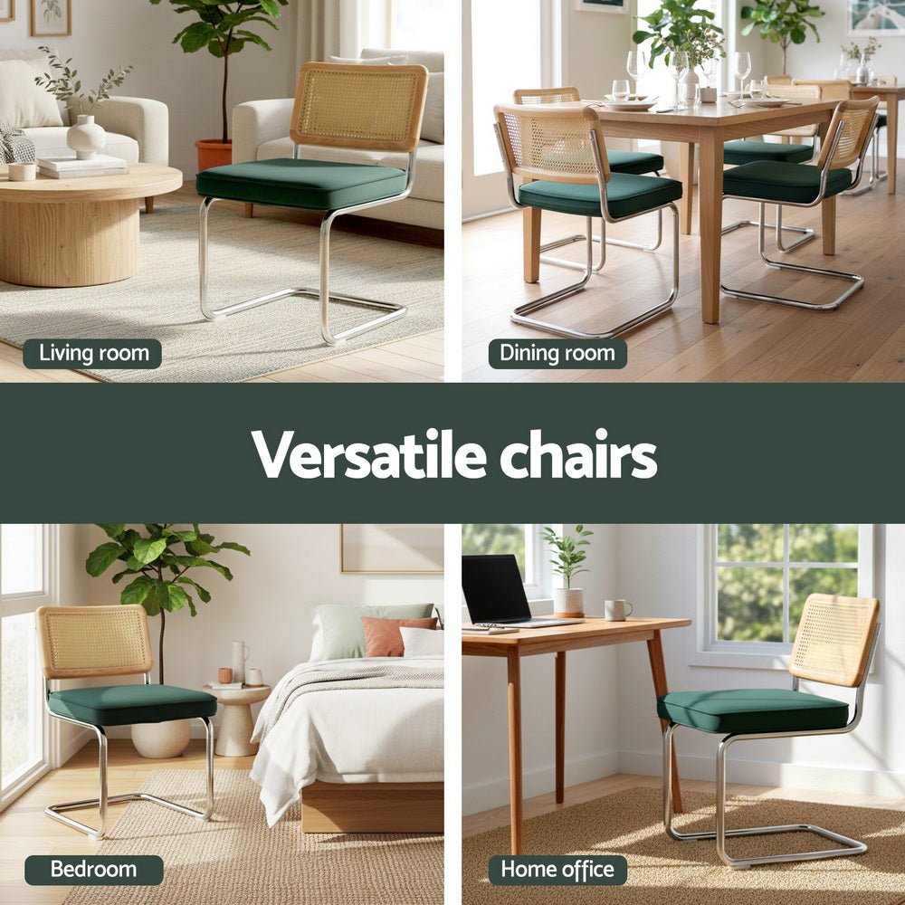 Dining Chairs Set of 4 Velvet Rattan Cantilever Green - Furniture > Dining > Kitchen & Dining Chairs - Rivercity House & Home Co. (ABN 18 642 972 209) - Affordable Modern Furniture Australia
