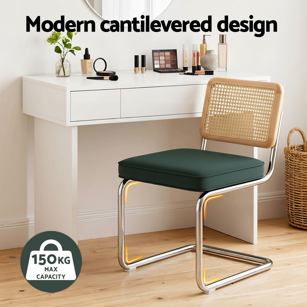 Dining Chairs Set of 4 Velvet Rattan Cantilever Green - Furniture > Dining > Kitchen & Dining Chairs - Rivercity House & Home Co. (ABN 18 642 972 209) - Affordable Modern Furniture Australia