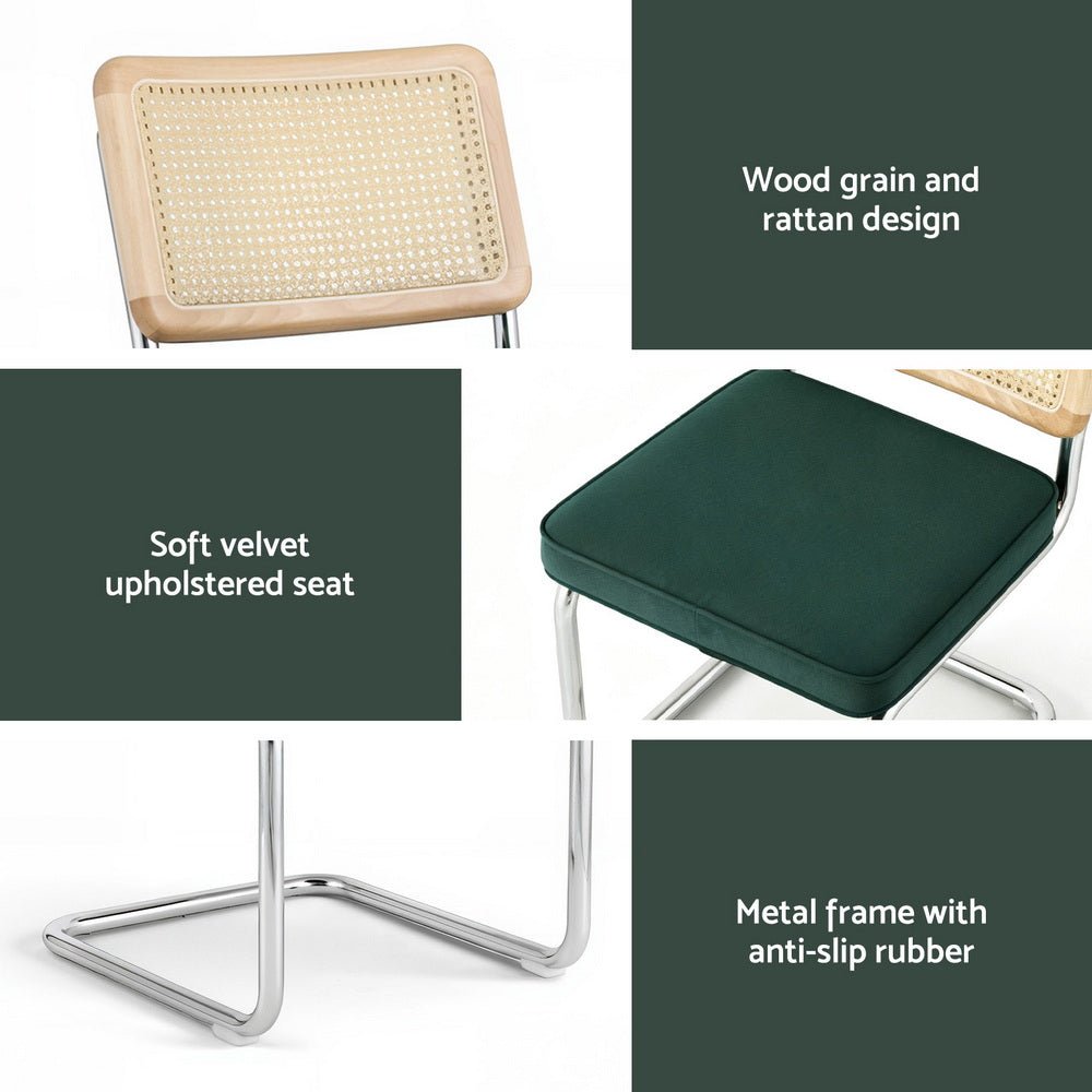 Dining Chairs Set of 4 Velvet Rattan Cantilever Green - Furniture > Dining > Kitchen & Dining Chairs - Rivercity House & Home Co. (ABN 18 642 972 209) - Affordable Modern Furniture Australia