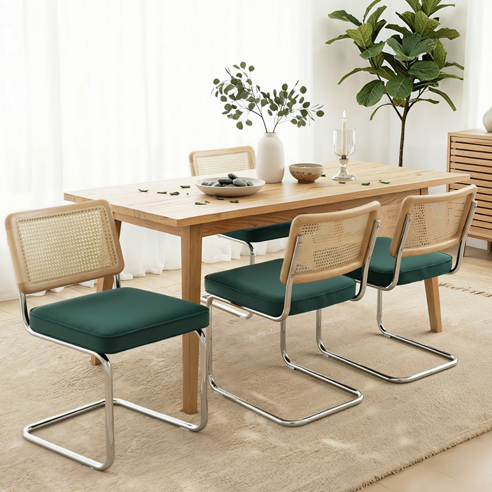 Dining Chairs Set of 4 Velvet Rattan Cantilever Green - Furniture > Dining > Kitchen & Dining Chairs - Rivercity House & Home Co. (ABN 18 642 972 209) - Affordable Modern Furniture Australia