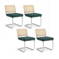 Set of 4 Cantilever Dining Chairs with Velvet Seat and Rattan Backrest - Green
