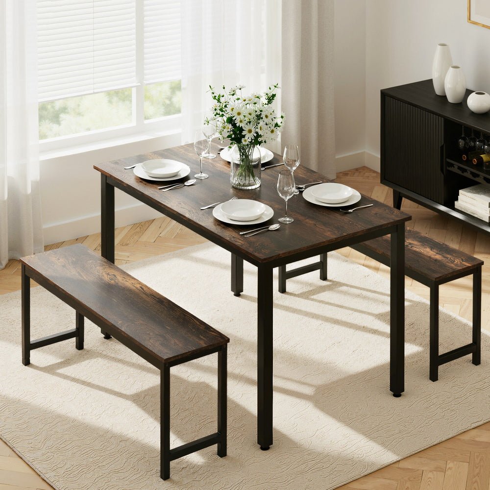 Dining Table and Chairs Set 3PCS Kitchen Metal Desk Bench Dark Walnut - Furniture > Dining > Dining Set - Rivercity House & Home Co. (ABN 18 642 972 209) - Affordable Modern Furniture Australia