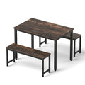 3-Piece Dining Table and Bench Set with Metal Frame - Dark Walnut