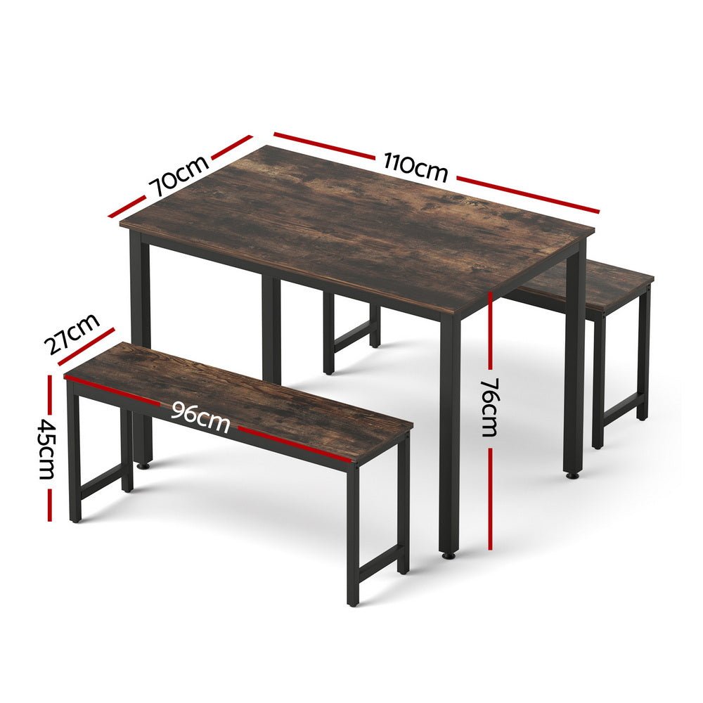 Dining Table and Chairs Set 3PCS Kitchen Metal Desk Bench Dark Walnut - Furniture > Dining > Dining Set - Rivercity House & Home Co. (ABN 18 642 972 209) - Affordable Modern Furniture Australia