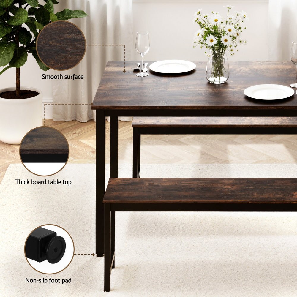 Dining Table and Chairs Set 3PCS Kitchen Metal Desk Bench Dark Walnut - Furniture > Dining > Dining Set - Rivercity House & Home Co. (ABN 18 642 972 209) - Affordable Modern Furniture Australia