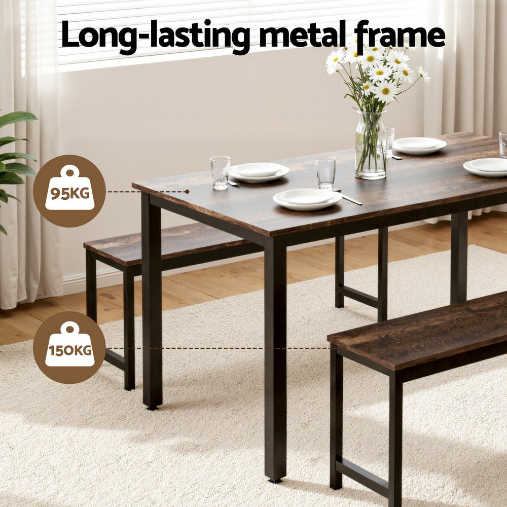 Dining Table and Chairs Set 3PCS Kitchen Metal Desk Bench Dark Walnut - Furniture > Dining > Dining Set - Rivercity House & Home Co. (ABN 18 642 972 209) - Affordable Modern Furniture Australia