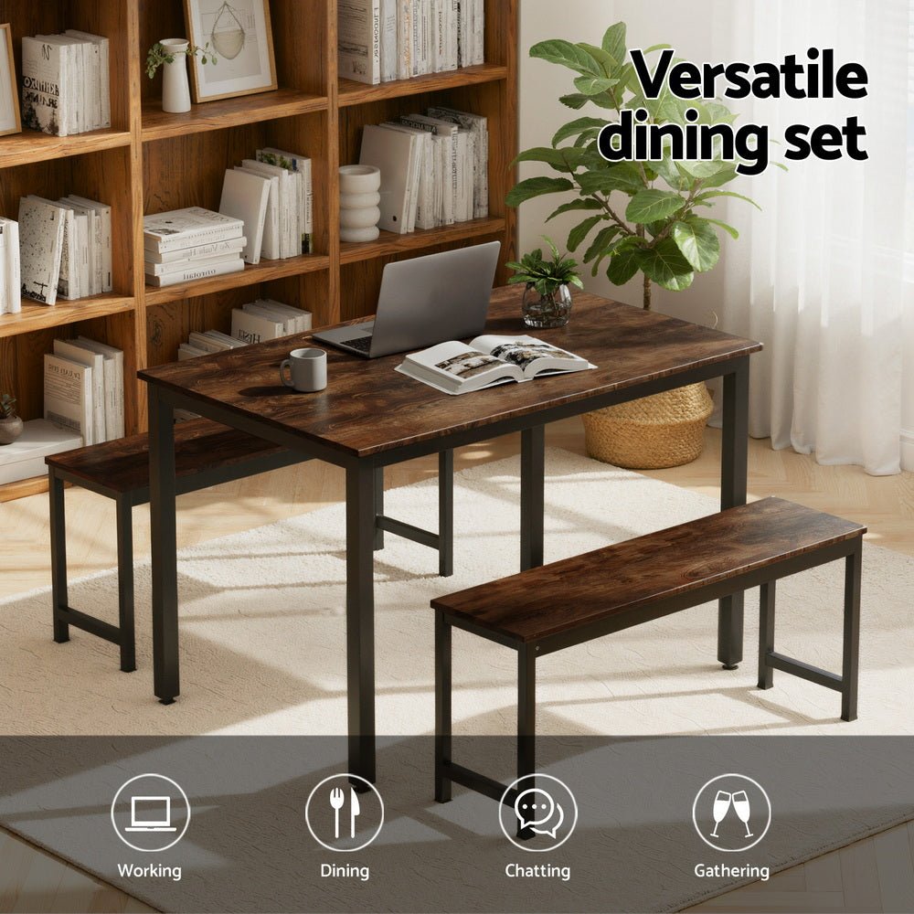Dining Table and Chairs Set 3PCS Kitchen Metal Desk Bench Dark Walnut - Furniture > Dining > Dining Set - Rivercity House & Home Co. (ABN 18 642 972 209) - Affordable Modern Furniture Australia