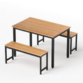 3PCS Dining Table and Bench Set with Metal Frame - Natural Oak