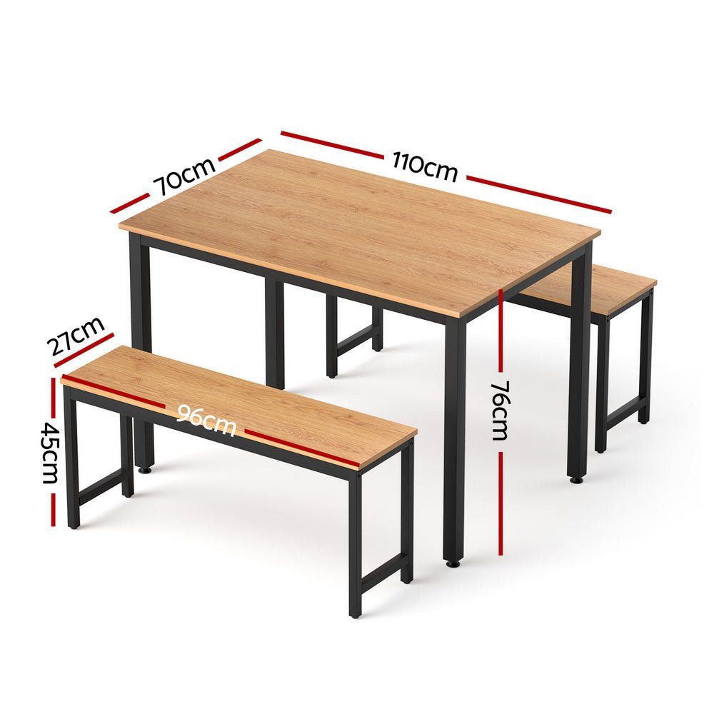 Dining Table and Chairs Set 3PCS Kitchen Metal Desk Bench Natural Oak - Furniture > Dining > Dining Set - Rivercity House & Home Co. (ABN 18 642 972 209) - Affordable Modern Furniture Australia