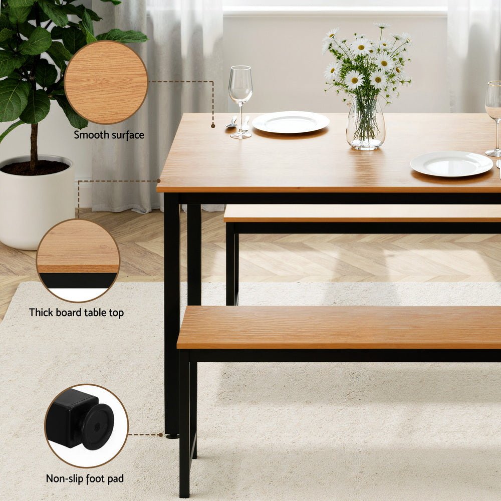 Dining Table and Chairs Set 3PCS Kitchen Metal Desk Bench Natural Oak - Furniture > Dining > Dining Set - Rivercity House & Home Co. (ABN 18 642 972 209) - Affordable Modern Furniture Australia