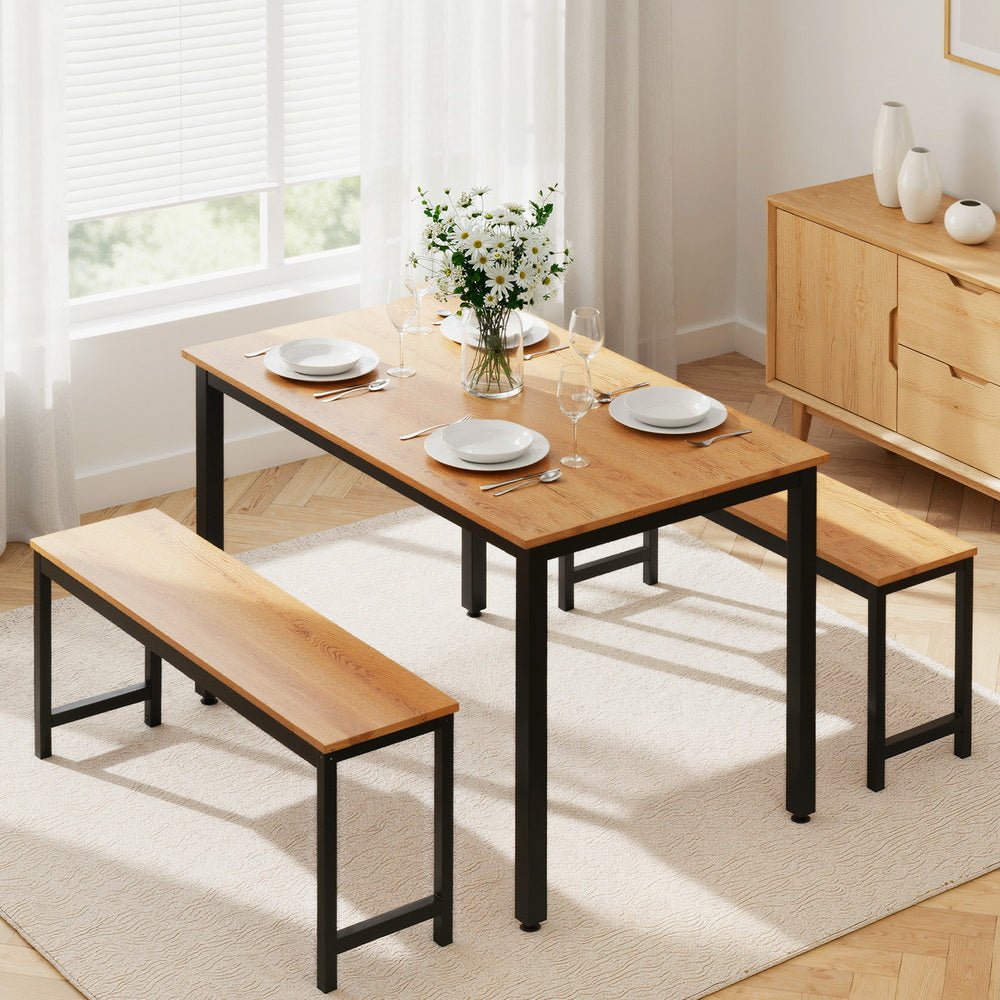 Dining Table and Chairs Set 3PCS Kitchen Metal Desk Bench Natural Oak - Furniture > Dining > Dining Set - Rivercity House & Home Co. (ABN 18 642 972 209) - Affordable Modern Furniture Australia