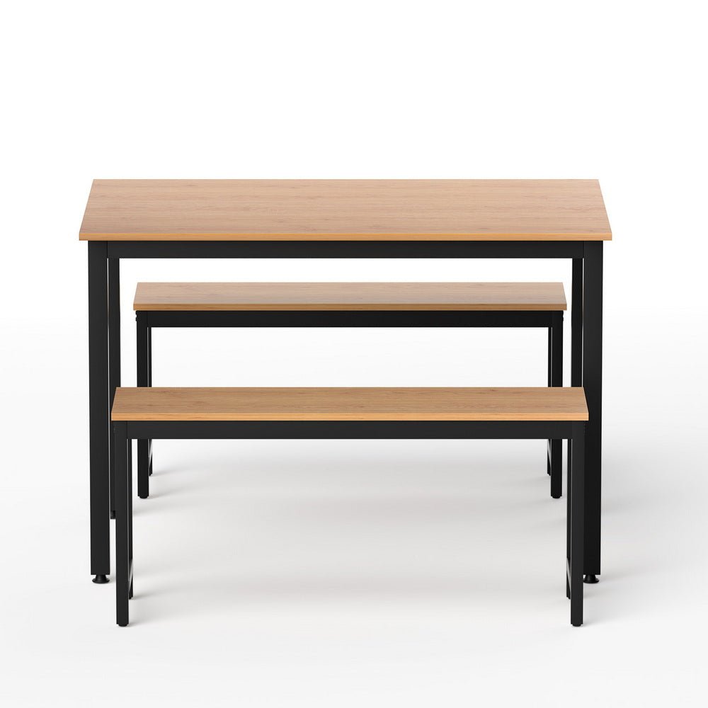 Dining Table and Chairs Set 3PCS Kitchen Metal Desk Bench Natural Oak - Furniture > Dining > Dining Set - Rivercity House & Home Co. (ABN 18 642 972 209) - Affordable Modern Furniture Australia
