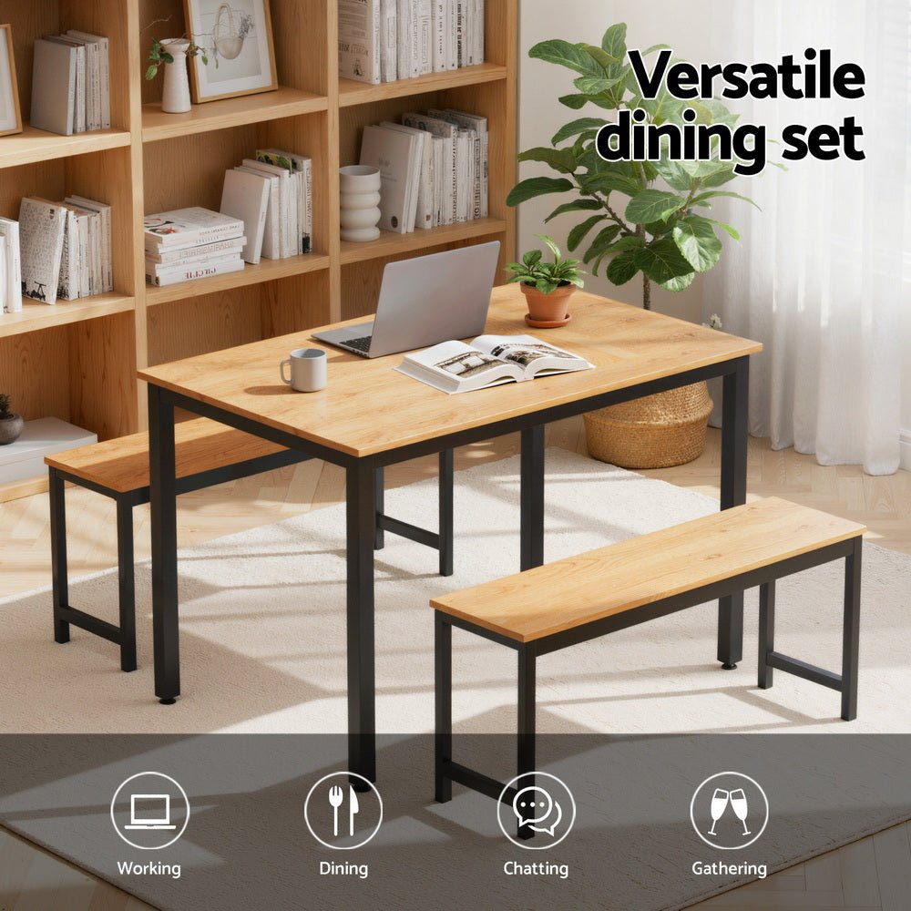 Dining Table and Chairs Set 3PCS Kitchen Metal Desk Bench Natural Oak - Furniture > Dining > Dining Set - Rivercity House & Home Co. (ABN 18 642 972 209) - Affordable Modern Furniture Australia