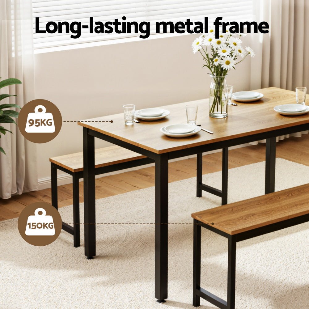 Dining Table and Chairs Set 3PCS Kitchen Metal Desk Bench Natural Oak - Furniture > Dining > Dining Set - Rivercity House & Home Co. (ABN 18 642 972 209) - Affordable Modern Furniture Australia