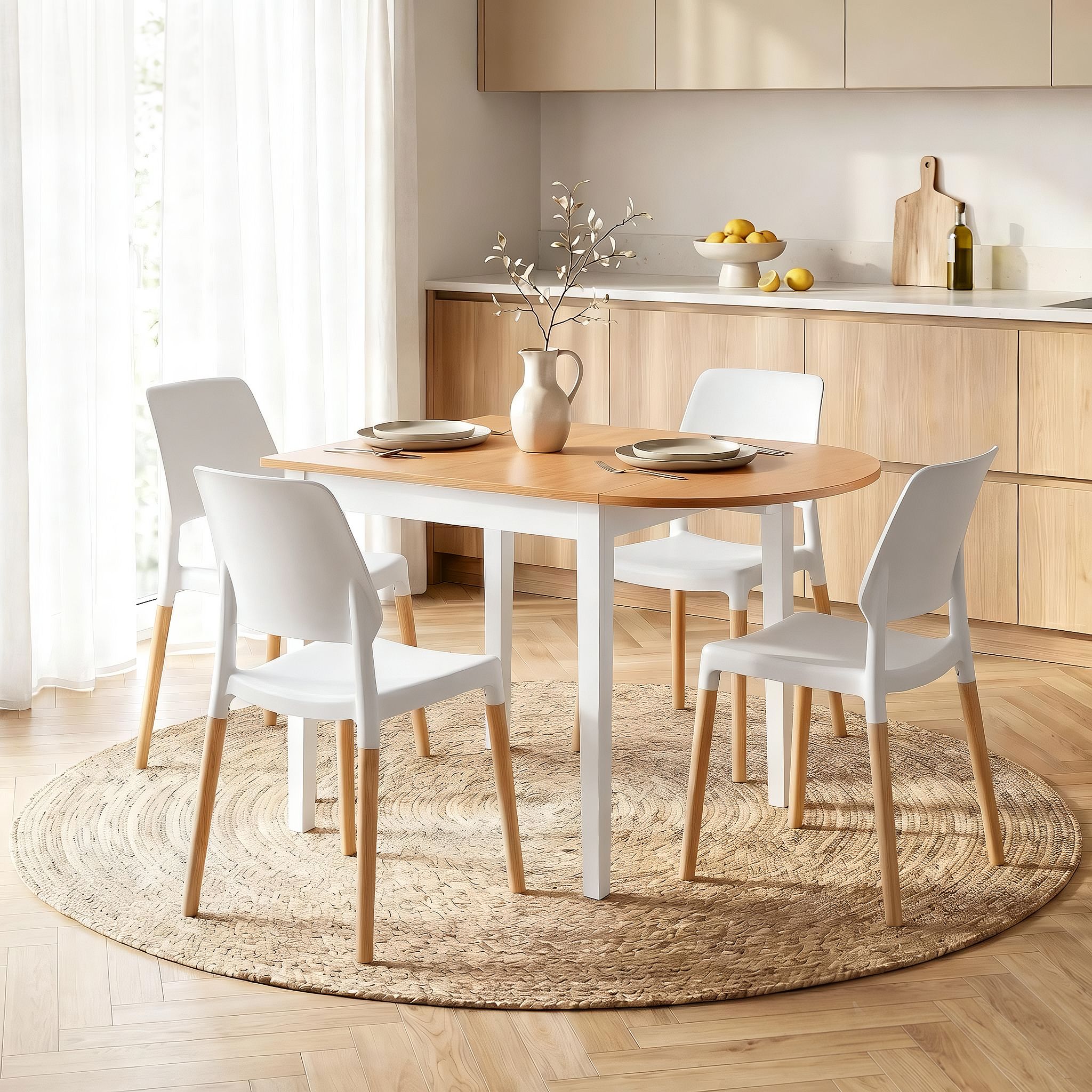 Dining Table and Chairs Set 5PCS, 75 - 110cm Drop - Leaf Table, with 4 Dining Chairs White Wooden, 4 Seater Dining Table Set for Kitchen, Apartment, Café - Furniture > Dining > Dining Set - Rivercity House & Home Co. (ABN 18 642 972 209) - Affordable Modern Furniture Australia