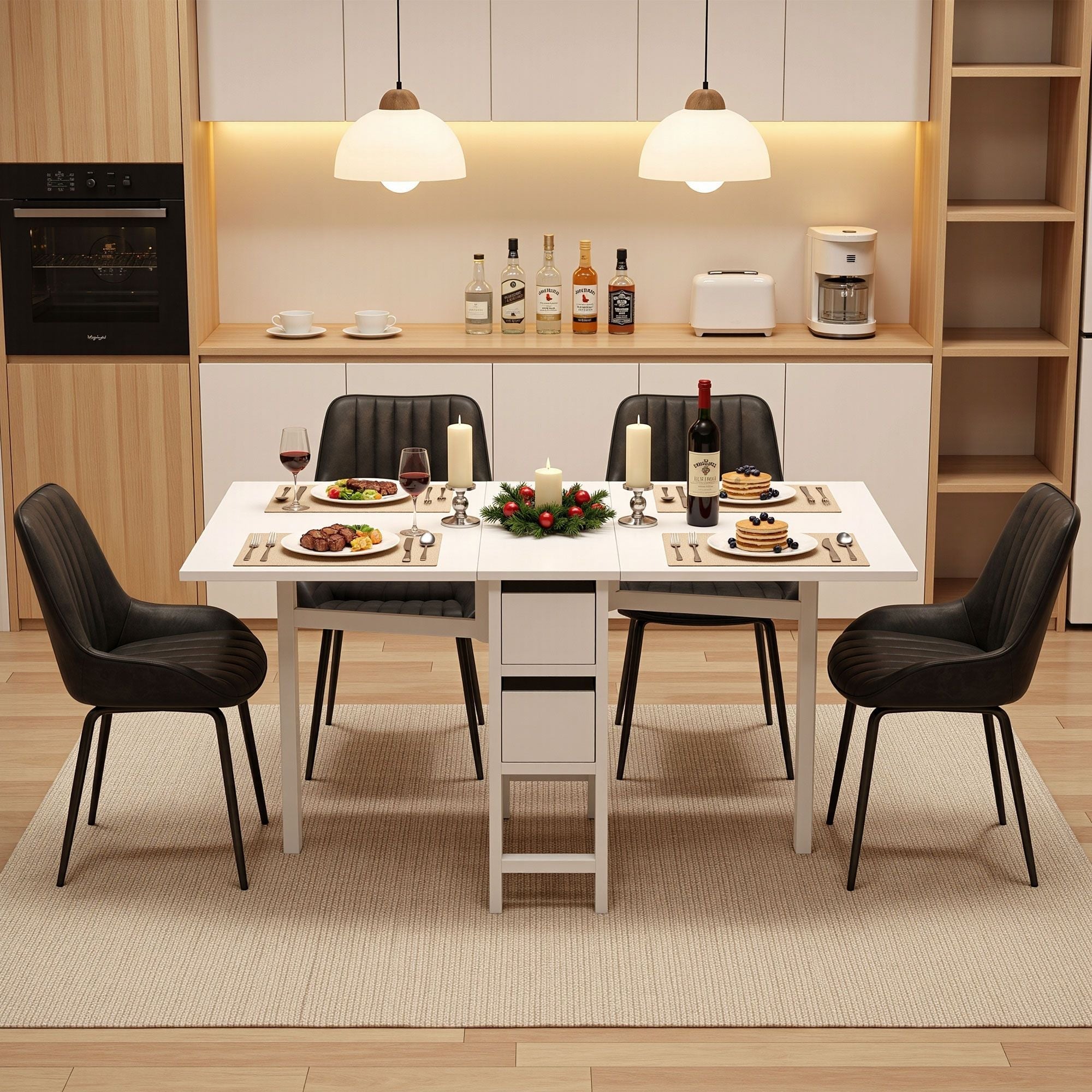 Dining Table and Chairs Set 5pcs Foldable Kitchen Furniture with 2 Drawers Black and White - Furniture > Dining > Dining Set - Rivercity House & Home Co. (ABN 18 642 972 209) - Affordable Modern Furniture Australia