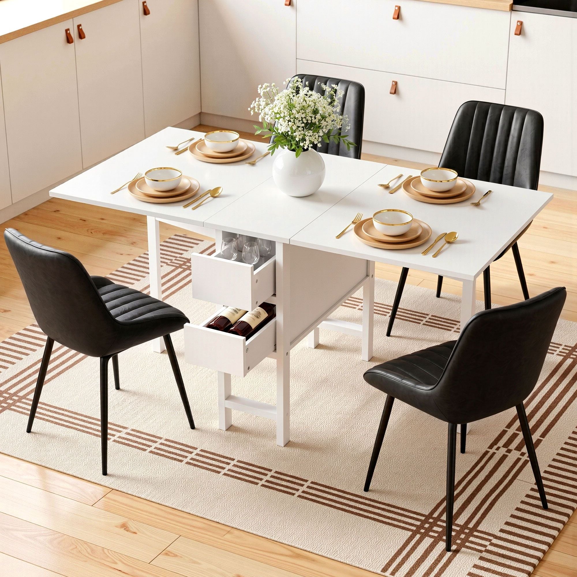 Dining Table and Chairs Set 5pcs Foldable Kitchen Furniture with 2 Drawers Black and White - Furniture > Dining > Dining Set - Rivercity House & Home Co. (ABN 18 642 972 209) - Affordable Modern Furniture Australia