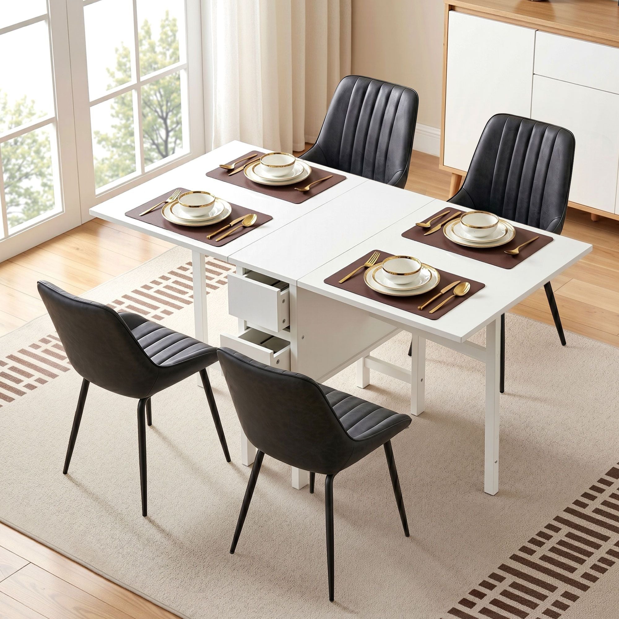 Dining Table and Chairs Set 5pcs Foldable Kitchen Furniture with 2 Drawers Black and White - Furniture > Dining > Dining Set - Rivercity House & Home Co. (ABN 18 642 972 209) - Affordable Modern Furniture Australia