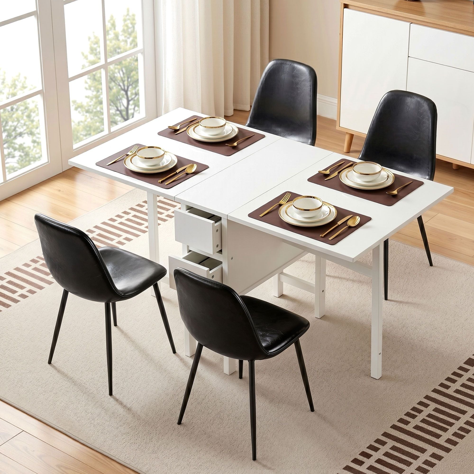 Dining Table and Chairs Set 5pcs Foldable with 2 Drawers Black and White - Furniture > Dining > Dining Set - Rivercity House & Home Co. (ABN 18 642 972 209) - Affordable Modern Furniture Australia