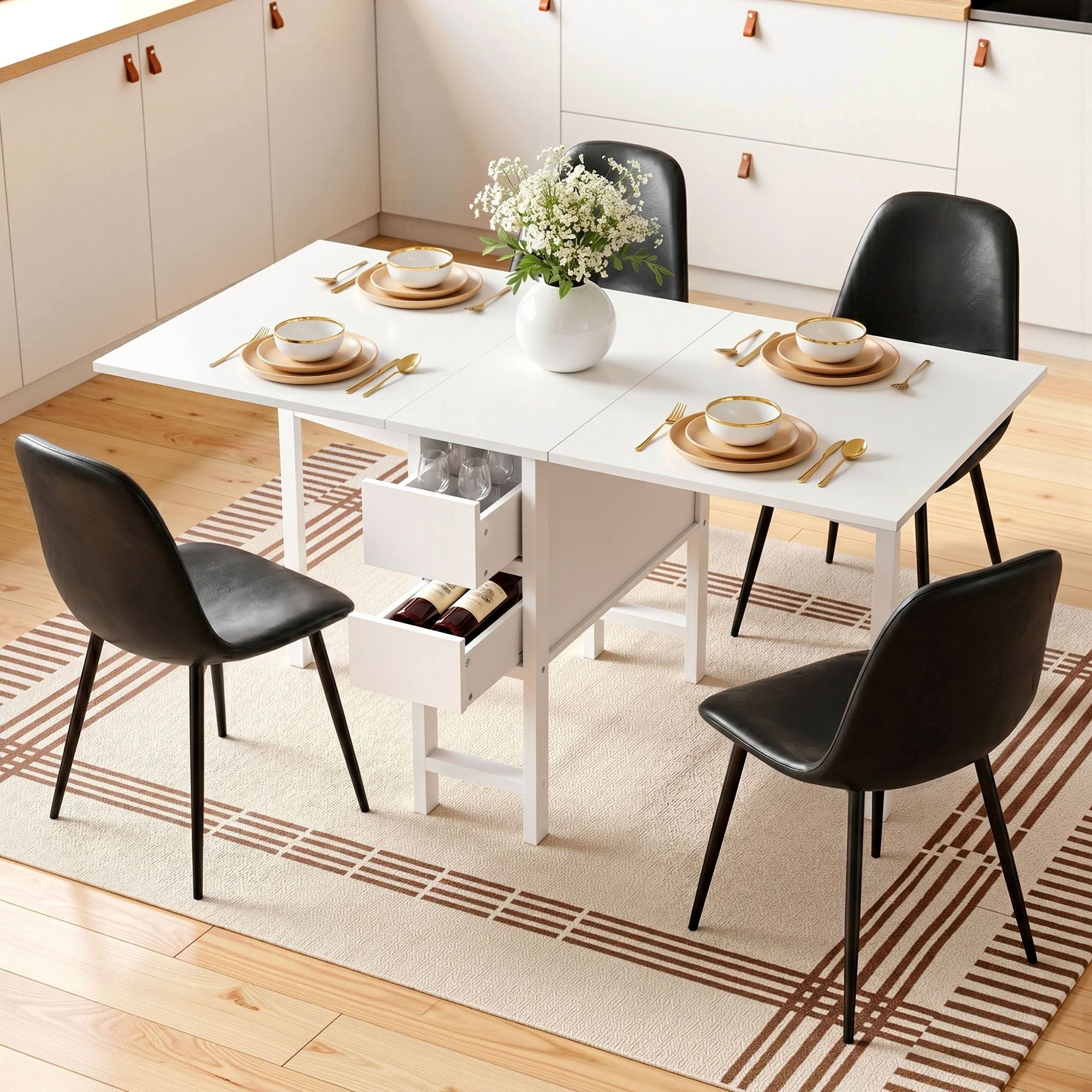 Dining Table and Chairs Set 5pcs Foldable with 2 Drawers Black and White - Furniture > Dining > Dining Set - Rivercity House & Home Co. (ABN 18 642 972 209) - Affordable Modern Furniture Australia