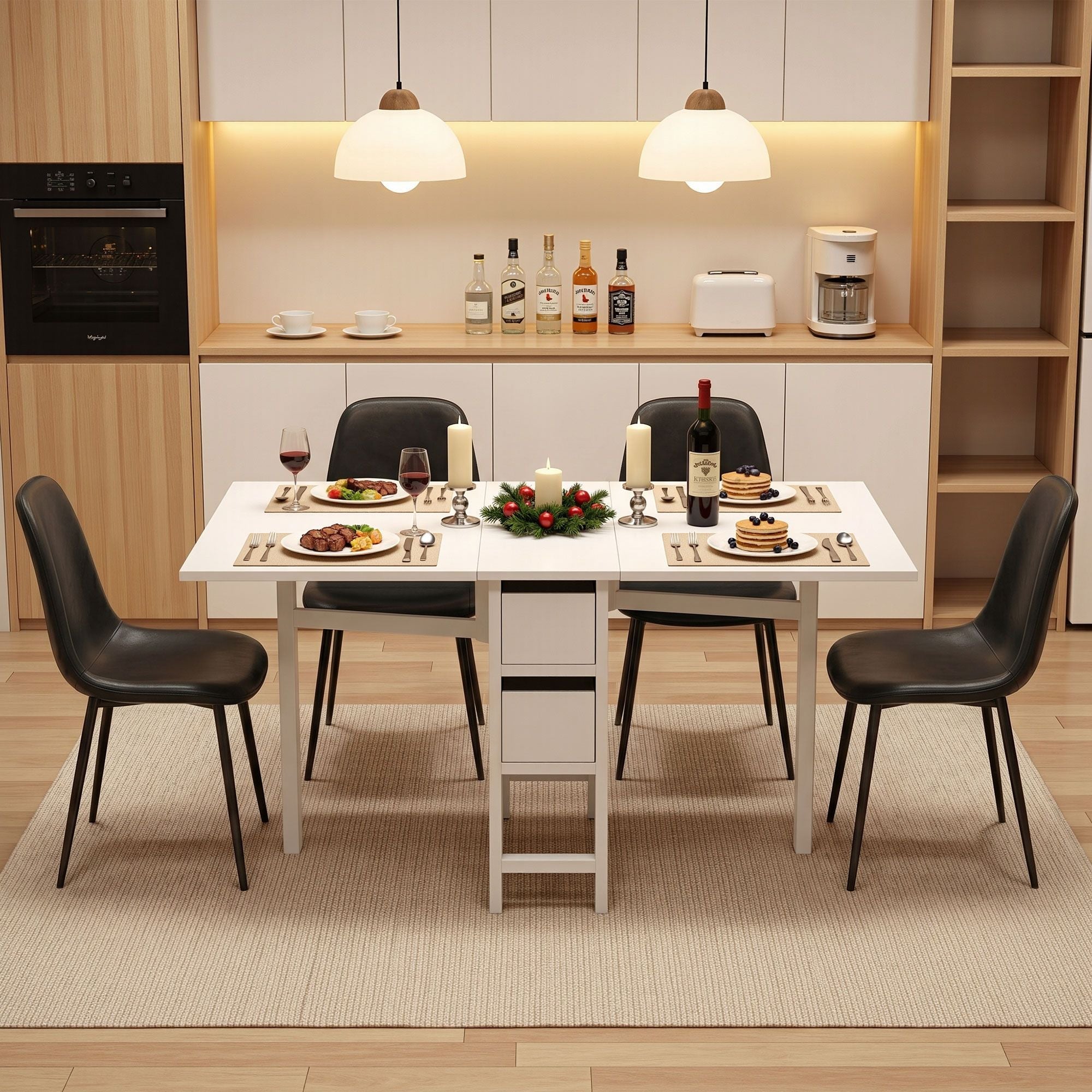 Dining Table and Chairs Set 5pcs Foldable with 2 Drawers Black and White - Furniture > Dining > Dining Set - Rivercity House & Home Co. (ABN 18 642 972 209) - Affordable Modern Furniture Australia