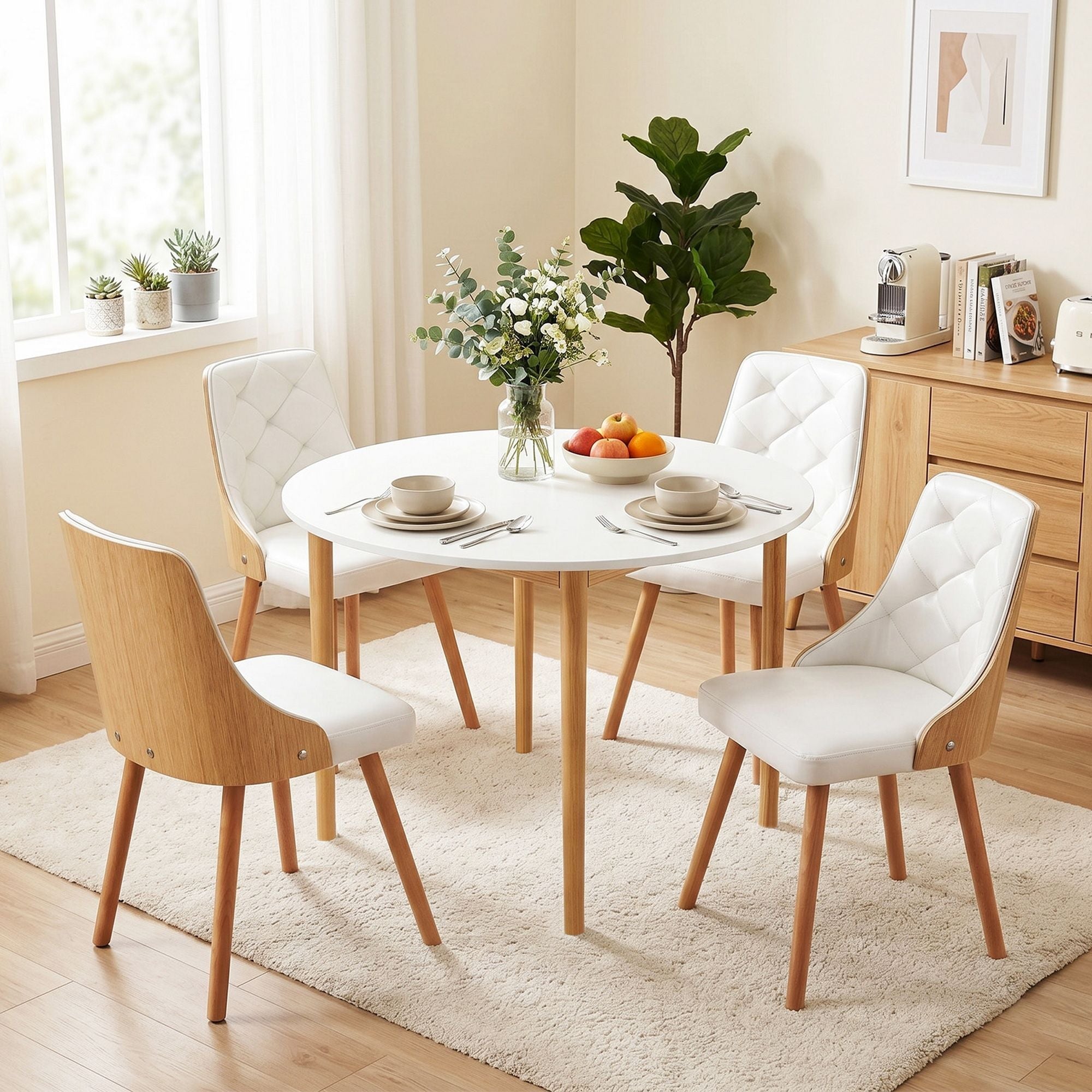 Dining Table and Chairs Set 5PCS Round 4 PU Leather Seater Dining Set White - Furniture > Dining > Dining Set - Rivercity House & Home Co. (ABN 18 642 972 209) - Affordable Modern Furniture Australia