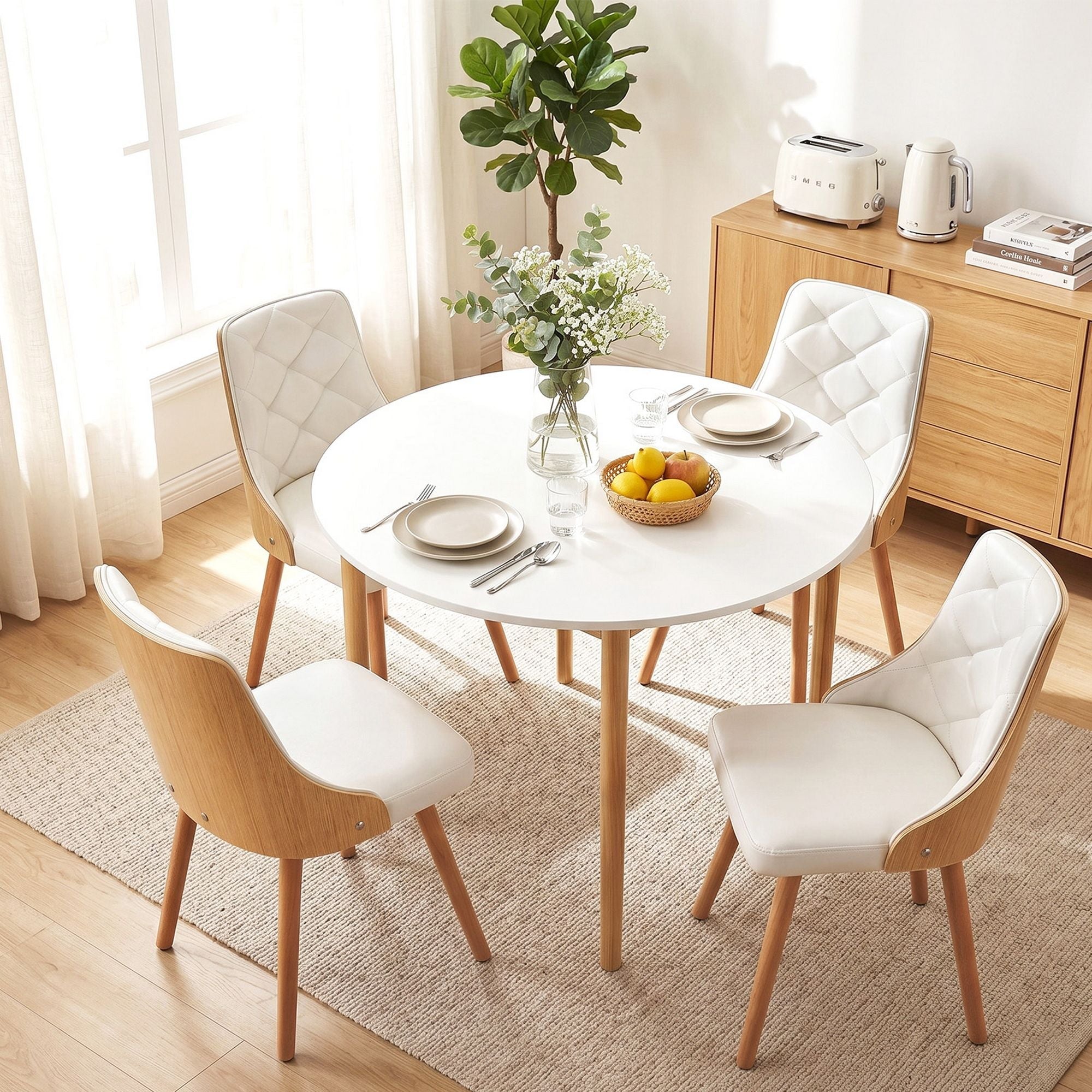 Dining Table and Chairs Set 5PCS Round 4 PU Leather Seater Dining Set White - Furniture > Dining > Dining Set - Rivercity House & Home Co. (ABN 18 642 972 209) - Affordable Modern Furniture Australia