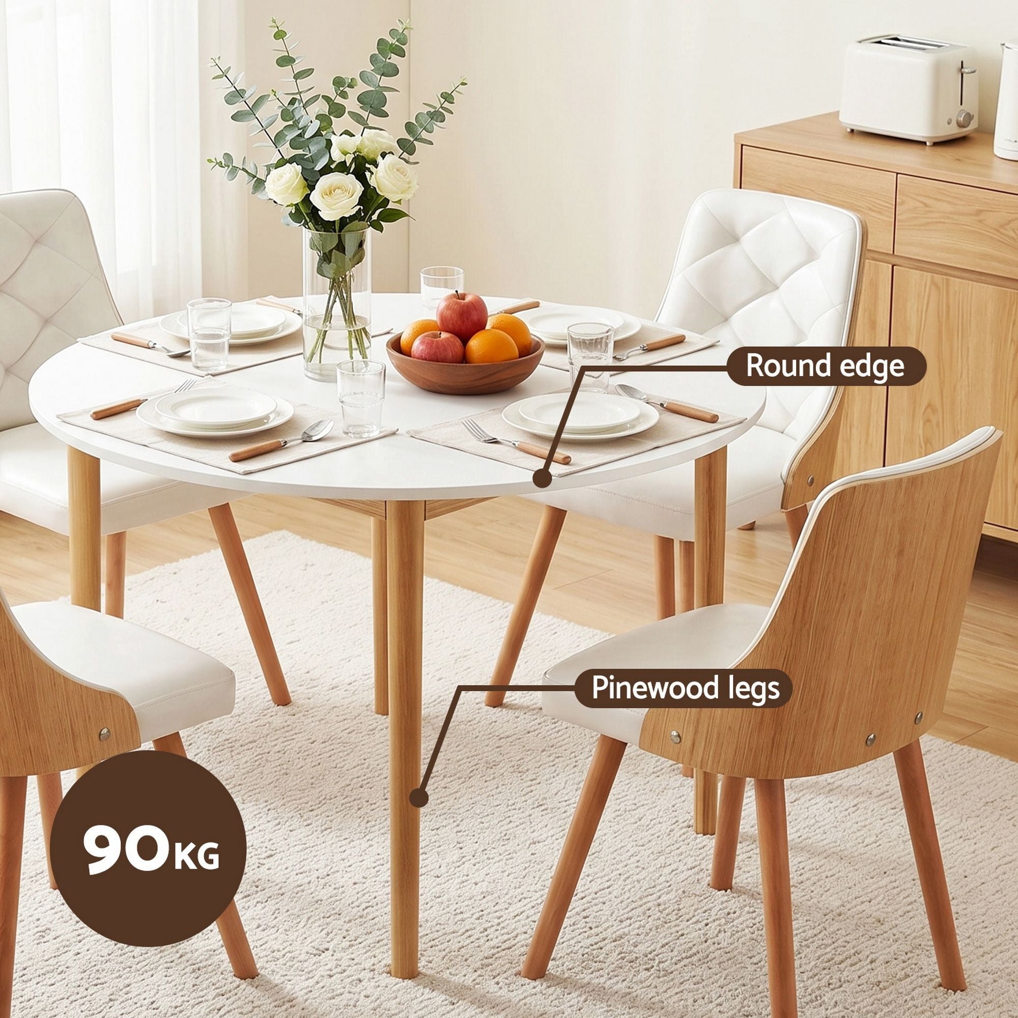 Dining Table and Chairs Set 5PCS Round 4 PU Leather Seater Dining Set White - Furniture > Dining > Dining Set - Rivercity House & Home Co. (ABN 18 642 972 209) - Affordable Modern Furniture Australia