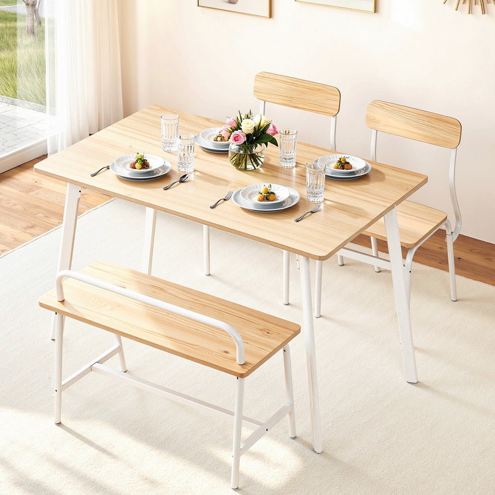 Dining Table and Chairs Set of 4 Bench Kitchen Furniture Natural and White - Furniture > Dining > Dining Set - Rivercity House & Home Co. (ABN 18 642 972 209) - Affordable Modern Furniture Australia