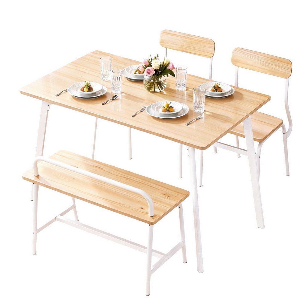 Dining Table and Chairs Set of 4 Bench Kitchen Furniture Natural and White - Furniture > Dining > Dining Set - Rivercity House & Home Co. (ABN 18 642 972 209) - Affordable Modern Furniture Australia