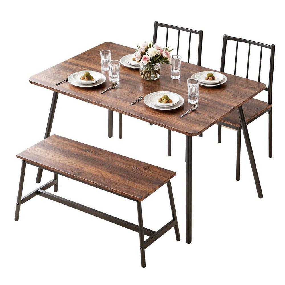 Dining Table and Chairs Set of 4 Bench Kitchen Furniture Rustic Brown - Furniture > Dining > Dining Set - Rivercity House & Home Co. (ABN 18 642 972 209) - Affordable Modern Furniture Australia