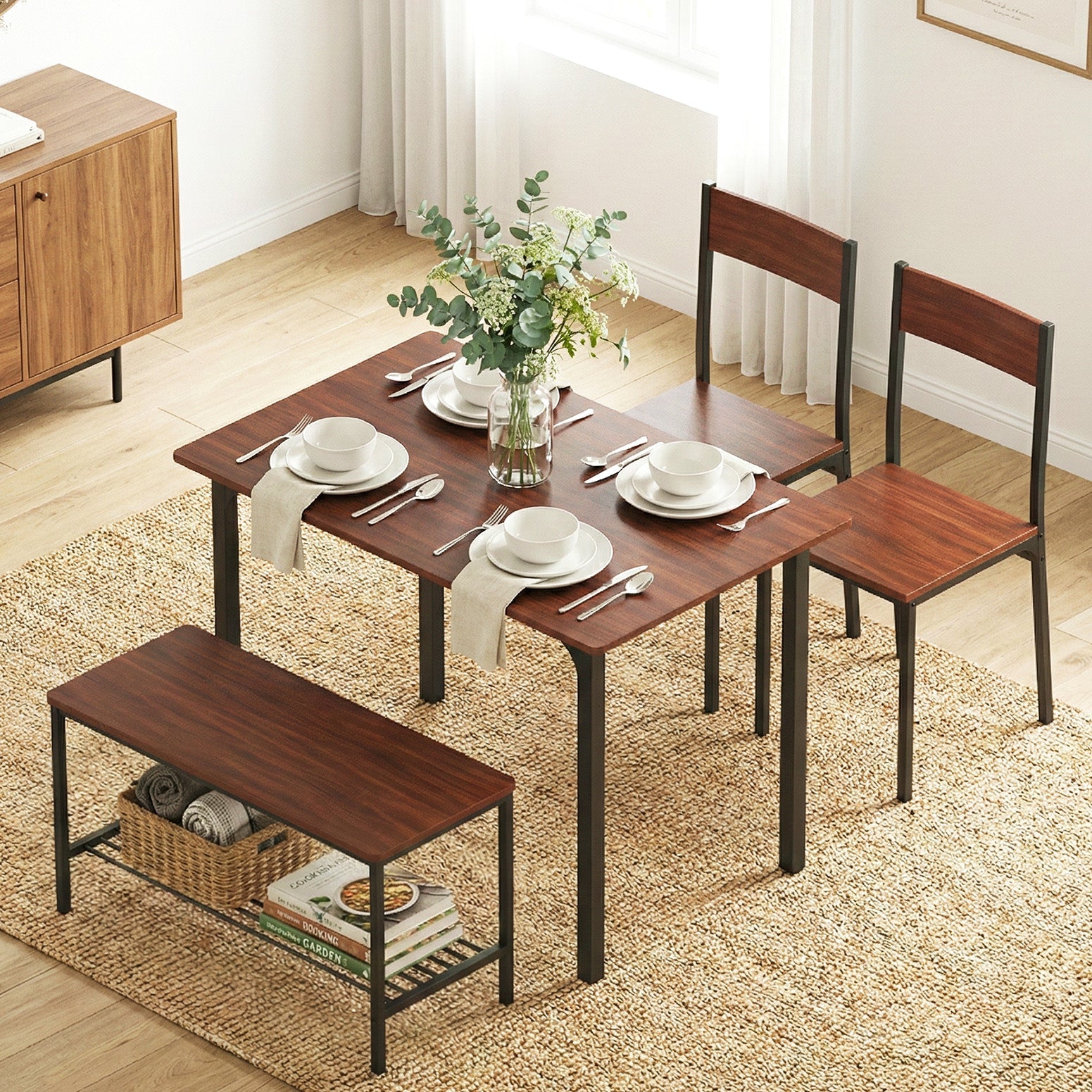 Dining Table and Chairs Set of 4 Storage Bench Kitchen Furniture Walnut - Furniture > Dining > Dining Set - Rivercity House & Home Co. (ABN 18 642 972 209) - Affordable Modern Furniture Australia