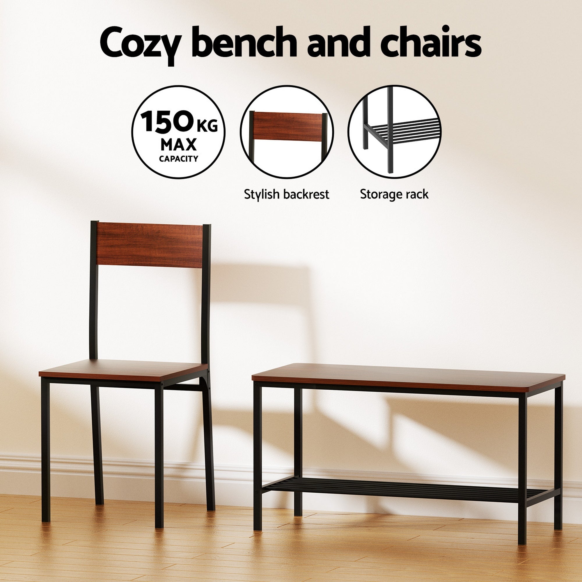 Dining Table and Chairs Set of 4 Storage Bench Kitchen Furniture Walnut - Furniture > Dining > Dining Set - Rivercity House & Home Co. (ABN 18 642 972 209) - Affordable Modern Furniture Australia
