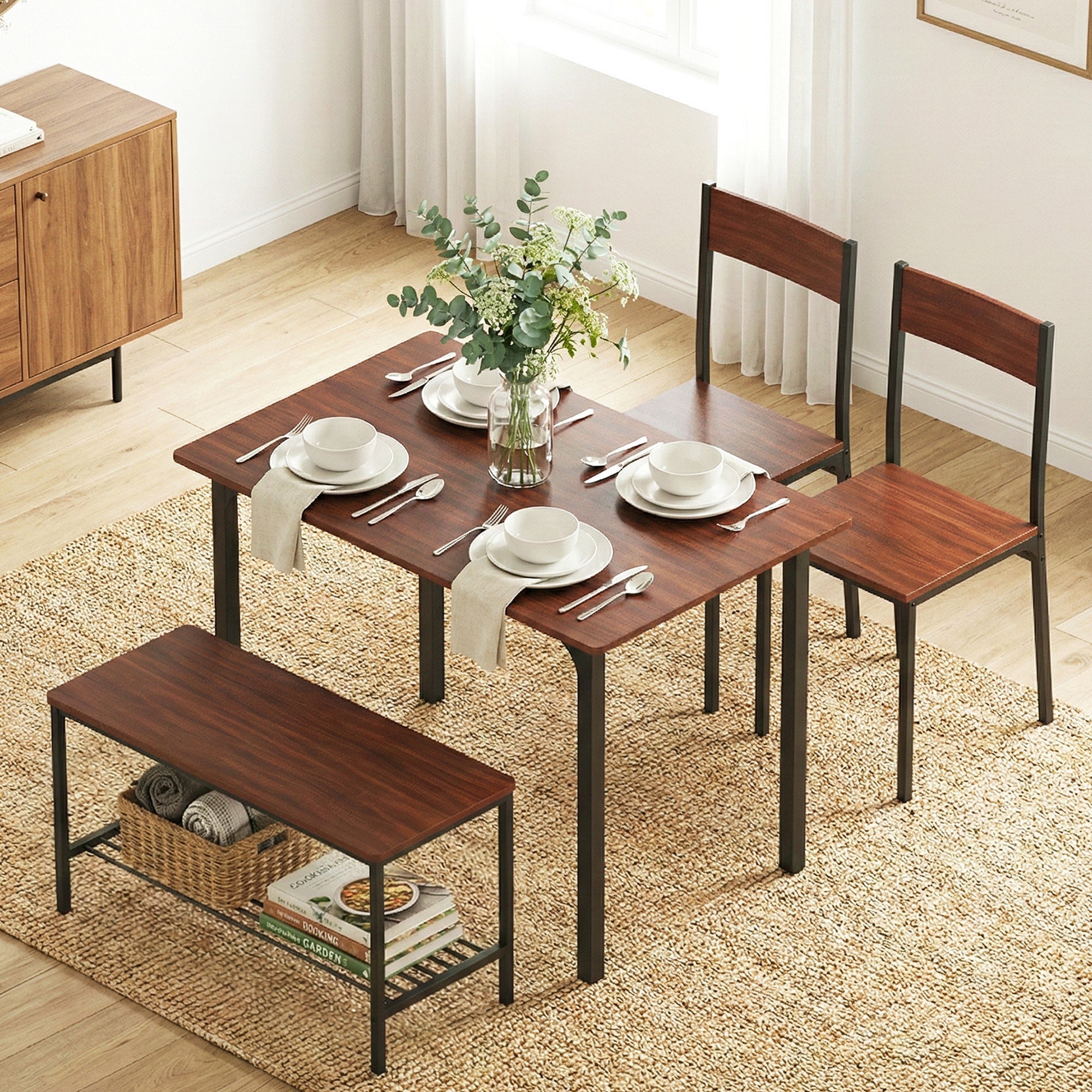 Dining Table and Chairs Set of 4 Storage Bench Kitchen Furniture Walnut - Furniture > Dining > Dining Set - Rivercity House & Home Co. (ABN 18 642 972 209) - Affordable Modern Furniture Australia