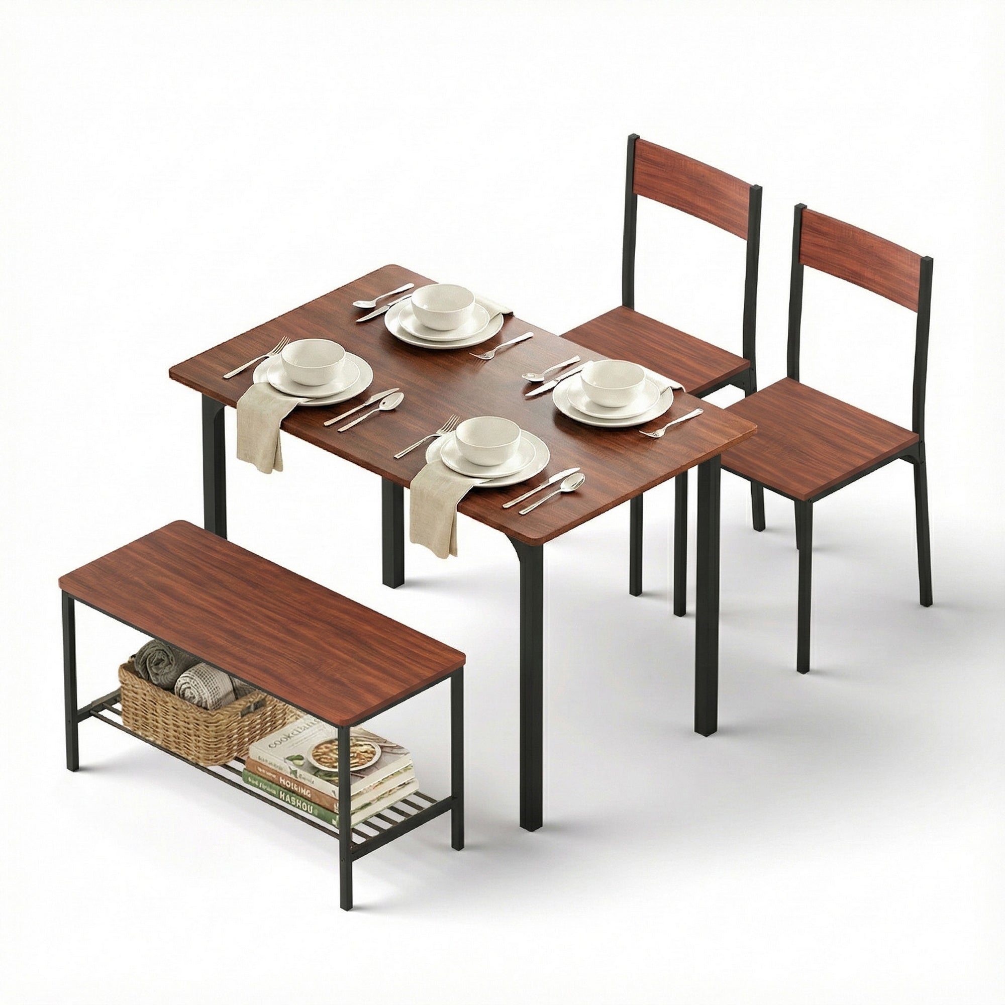 Dining Table and Chairs Set of 4 Storage Bench Kitchen Furniture Walnut - Furniture > Dining > Dining Set - Rivercity House & Home Co. (ABN 18 642 972 209) - Affordable Modern Furniture Australia