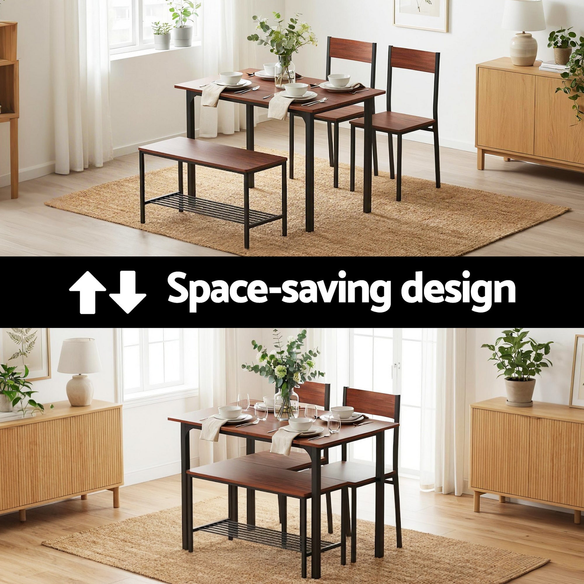 Dining Table and Chairs Set of 4 Storage Bench Kitchen Furniture Walnut - Furniture > Dining > Dining Set - Rivercity House & Home Co. (ABN 18 642 972 209) - Affordable Modern Furniture Australia