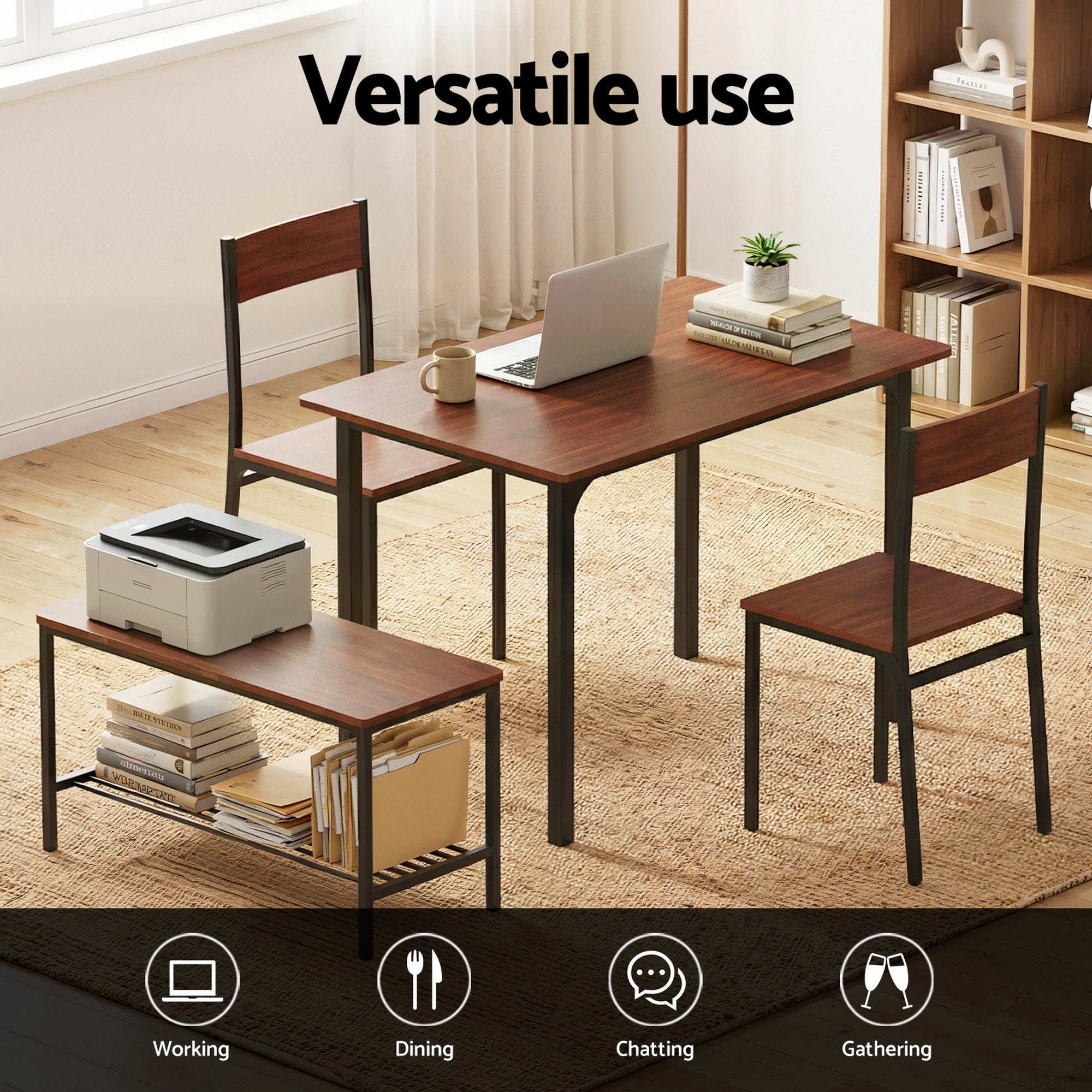 Dining Table and Chairs Set of 4 Storage Bench Kitchen Furniture Walnut - Furniture > Dining > Dining Set - Rivercity House & Home Co. (ABN 18 642 972 209) - Affordable Modern Furniture Australia